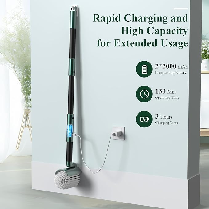 Minthouz Electric Spin Scrubber - 74W High Power, Dual Speed Rotation (350-450 RPM), Extendable 42-Inch Pole, Digital Battery Display, Multi-Purpose Brushes for Home & Outdoor Use