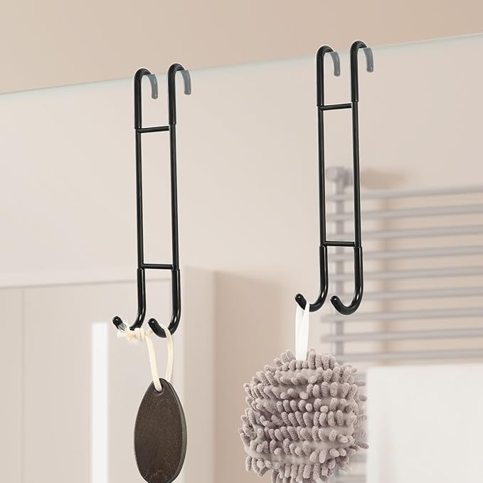 NINETREX Shower Door Hooks,Over Glass Door Hooks for Bathrooms Frameless Glass,Heavy Duty SUS 304 Stainless Steel Hook for Towels,Squeegee,Loofah,Shaver,Robe,2 Pack,Black,10Inch