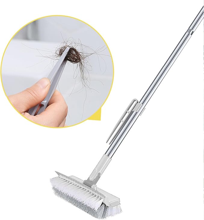 Grout Scrub Brush with 42" Long Handle Double-Sided Floor Scrub Brush V-Shape Grout Cleaner with Squeegee 180° Rotating for Tile Floors, Baseboards, Wall