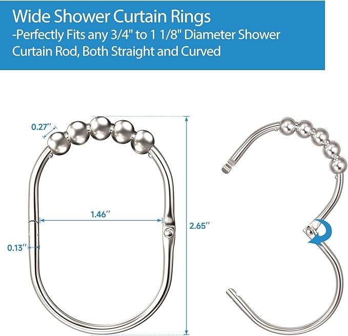 12PCS Wide Shower Curtain Hooks Rings, Rust Proof Stainless Steel, Heavy Duty Shower Hooks Rings for Bathroom Shower Rods Curtains Liners, Easy Glide Rollers, Set of 12,Chrome