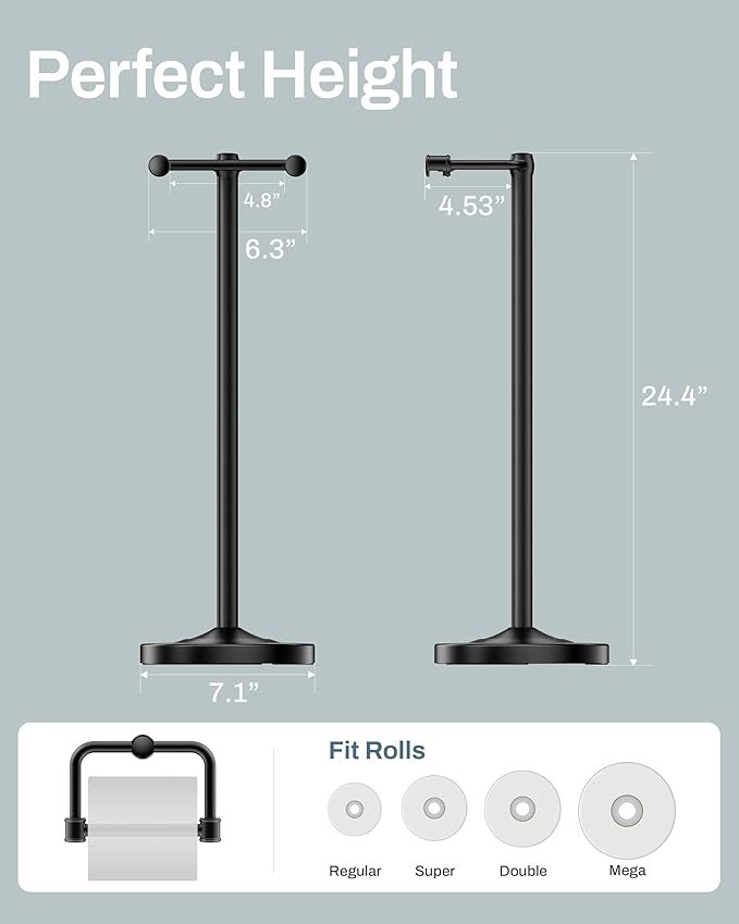 Freestanding Toilet Paper Holder, Double Post Pivoting 22" Height Toilet Roll Holder Floorstanding Base Weighted, Stainless Steel Toilet Paper Holder Stand （Matte Black）