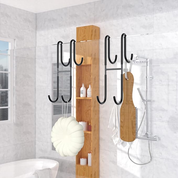 Over Shower Glass Door Hook, 2 Pack Black Stainless Steel Extended Shower Door Hooks, Bathroom Frameless Drilling-Free Hanger, Double Side Towel Hooks