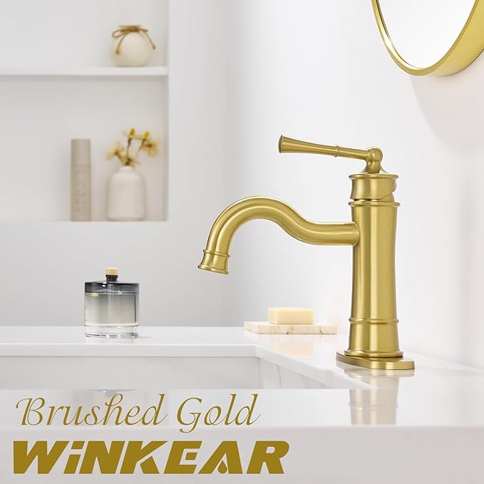 Roman Bathroom Sink Faucet Single Hole Deck-Mount Pop-up Drain Assembly with Overflow Deck Plate and Water Supply Lines Included (Vanity Sink Faucet, Light Gold)