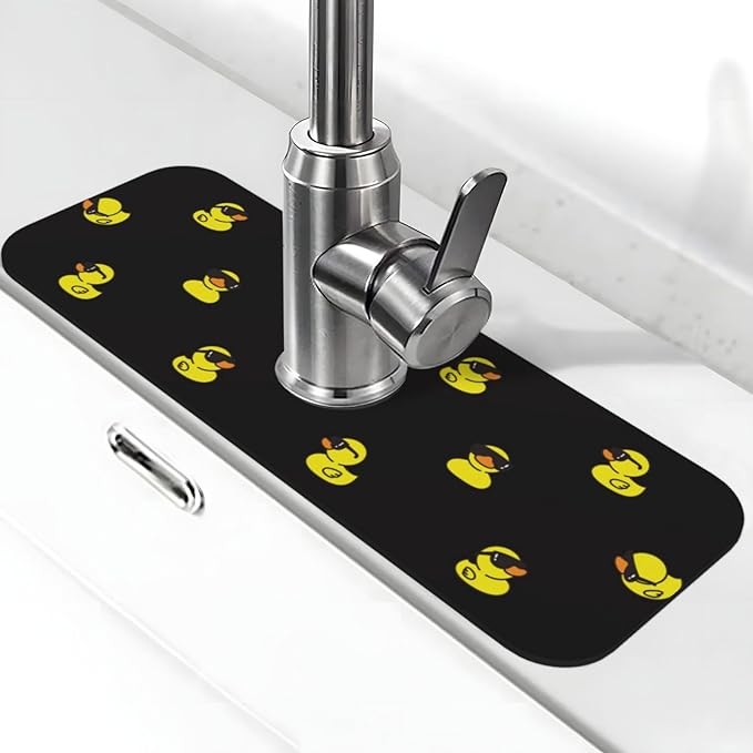 Duck Ducky Sunglasses Yellow Kitchen Sink Splash Guard Faucet Mat Super Absorbent Fast Drying Mat Sink Gadgets-Fast Drying Pad Sink Mat For Kitchen Bathroom (15" X 5.5" )