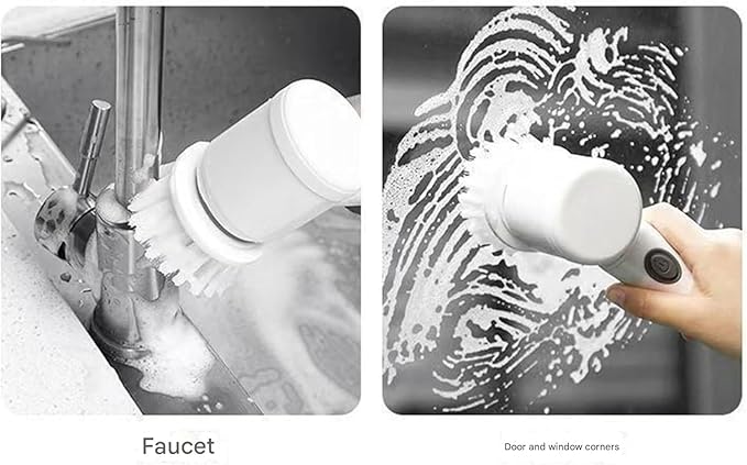 Electric Cleaning Brush Household Multi-Functional Handheld Dishwashing Brush 360° Rotation with 5 Brush Heads Waterproof Body for Dishwashing, Kitchen Cleaning, Door and Window Cleaning