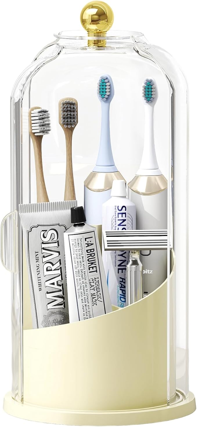 Delamu Toothbrush Holders with 360° Smooth Rotating Base, 3 Slots Bathroom Organizer Countertop with Sliding Lid, Brush Toothpaste Holder Makeup Brush Organizer for Vanity, Creamwhite