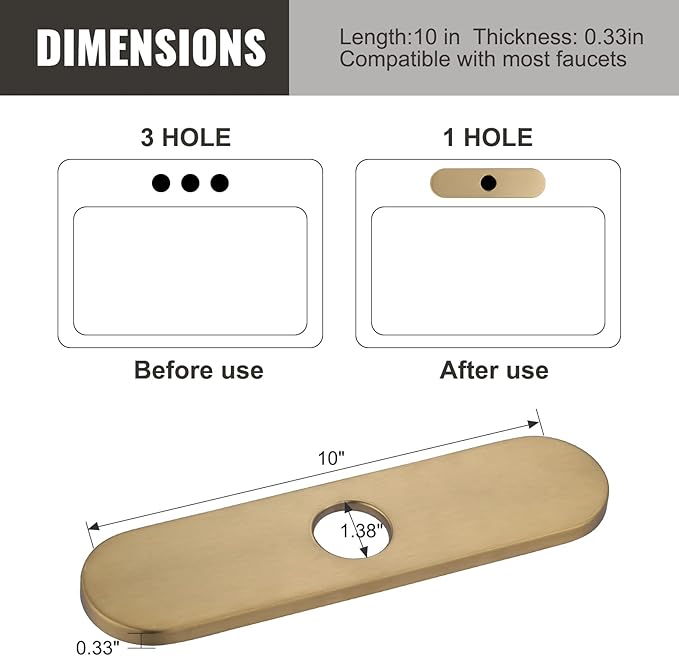 10" Sink Faucet Hole Cover Deck Plate (Arc Edge) for Kitchen & Bathroom Vanity Sink, Faucet Gold Escutcheon Plate Stainless Steel Outside Faucet Cover Cap for 1 or 3 Hole Mixer Tap