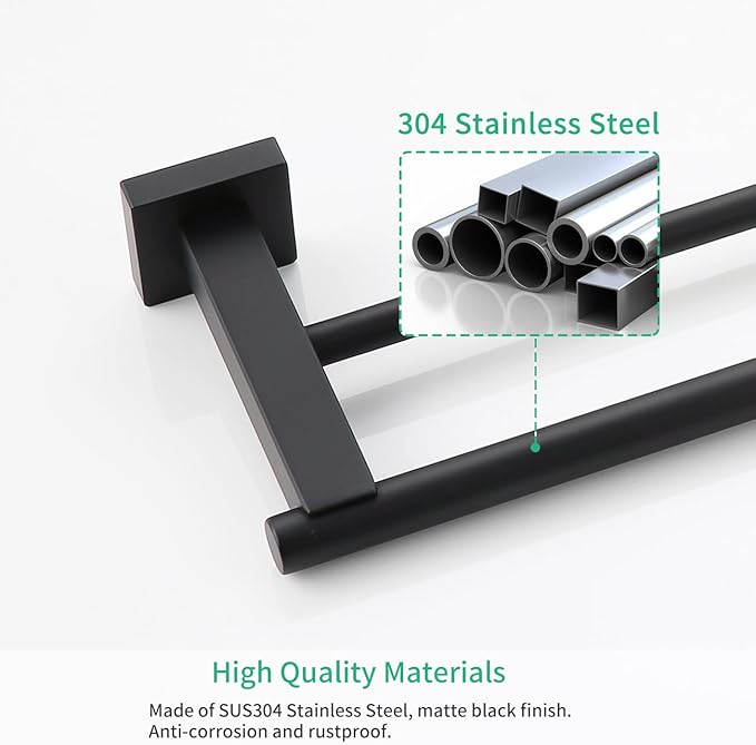 Miyili 23.6-Inch Matte Black Double Towel Bar - SUS 304 Stainless Steel Bathroom Towel Holder Rack