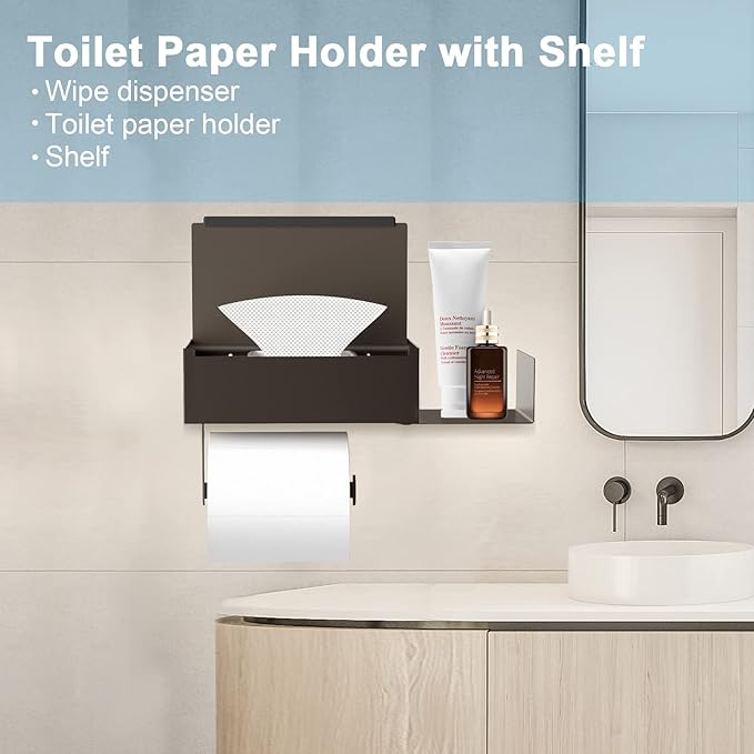 Toilet Paper Holder with Shelf, FUNLEU Flushable Wipes Dispenser for Bathroom, Self Adhesive Toilet Paper Holder with Storage - Stainless Steel Toilet Holder Keep Wipes Hidden Out of Sight, Bronze