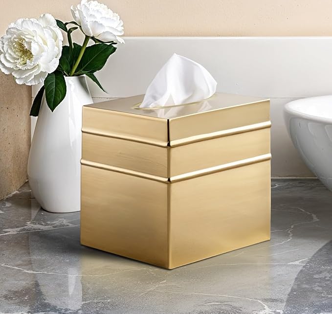 Monarch Abode Tissue Box Cover Square – Handcrafted Border Embossed Brushed Gold Metal Tissue Holder Box for Bathroom Accessory, Aesthetic Decorative Facial Napkin Cube for Modern Home Decor
