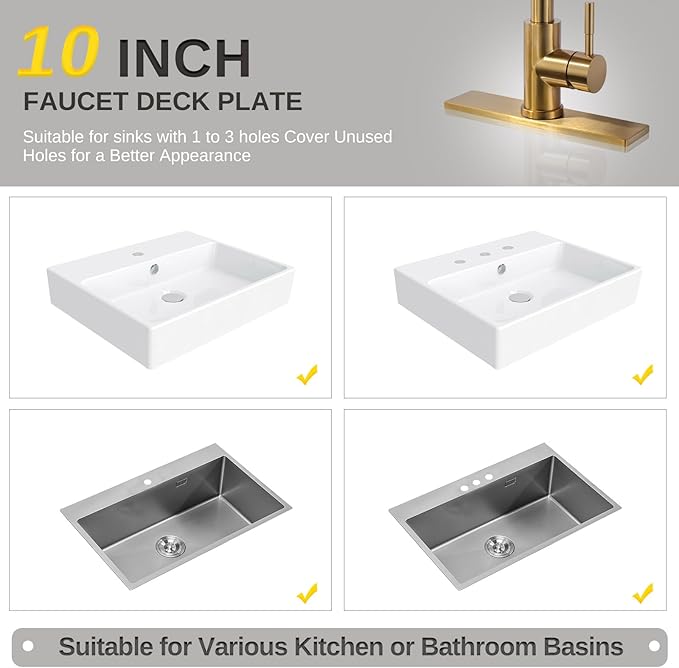 10" Sink Faucet Hole Cover Deck Plate for Bathroom & Kitchen Vanity Sink, Gold Escutcheon Plate Stainless Steel Outside Faucet Cover Cap Rectangle Mixer Tap