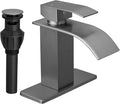 FRANSITON Brushed Grey Waterfall Bathroom Faucet Lavatory Single Handle 1 or 3 Hole Bathroom Sink Faucet with Deck and Pop-up Drain (Brushed Grey, Short)