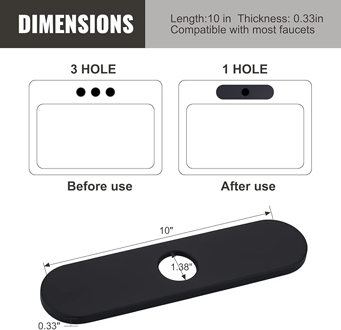 10" Sink Faucet Hole Cover Deck Plate (Arc Edge) for Kitchen & Bathroom Vanity Sink, Faucet Black Escutcheon Plate Stainless Steel Outside Faucet Cover Cap for 1 or 3 Hole Mixer Tap