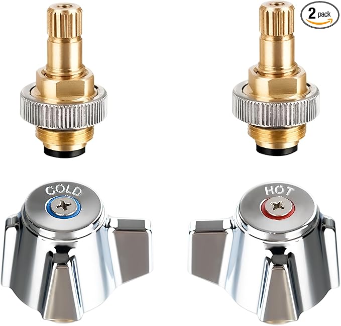 4" Brass Faucet Handle Cartridge Replacement Stem Assembly Faucet Valves Hot and Cold Knob Handle Kit with Stem for Kitchen & Bathroom Knob Handles