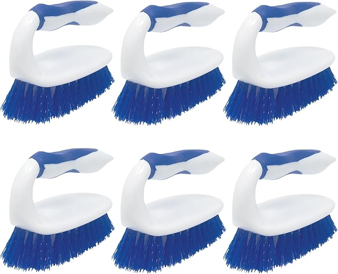 LOLA Iron Shaped Handled Scrub Brush, 6 Pack, Ergonomic Handle, No Slip Grip, Fiber Bristles, Heavy Duty Tile & Floor Cleaner