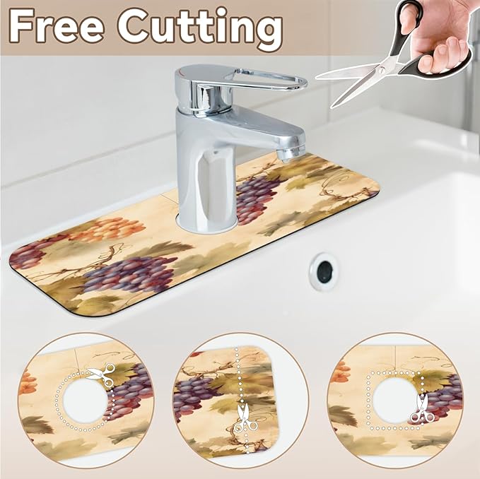 Vintage Grape Kitchen Faucet Mat Splash Guard, 15.4”x5.7” Absorbent Quick Drying Sink Mat for Countertop Protection, Draining Mat Sink Protectors For Kitchen Bathroom, 2 Pack