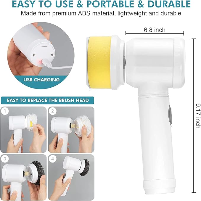 Electric Spin Scrubber, Waterproof Electric Cleaning Brush with 5 Replaceable Brush Heads, Rechargeable Scrub Brush Bathroom Shower Scrubber Cleaning Tool for Bathtub Sink Tile Grout Stove Cooker Dish