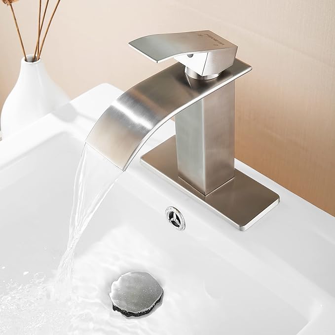 FRANSITON Brushed Nickel Waterfall Bathroom Faucet Lavatory Single Handle 1 or 3 Hole Bathroom Sink Faucet Washbasin Faucet with Deck and Pop-up Drain (Brushed Nickel- Set of 2, Short)