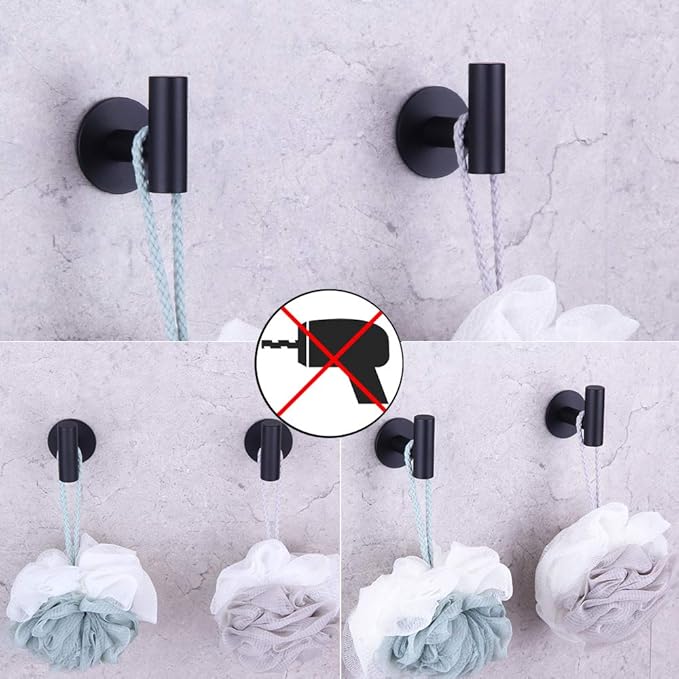 GERZWY Wall Hooks Adhesive for Hanging Towels Matte Black - Set of 2 - Premium Adhesive Hooks - Towel Hooks for Bathrooms - Sticky Hanging Wall Hangers Without Nails DZY026-BK
