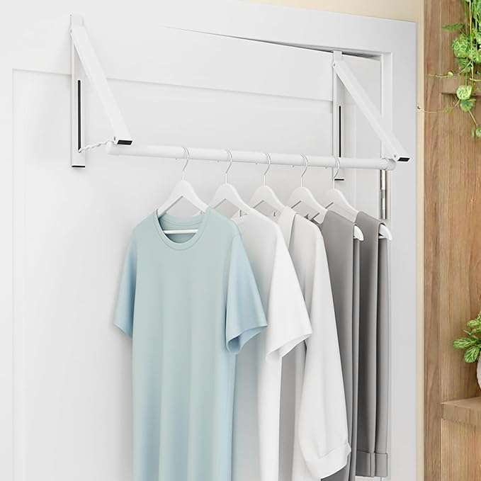Over The Door Clothes Hanger Rack Foldable Space-Saving Over The Door Hooks for Laundry Drying Bathroom Towels & Home Office(White)