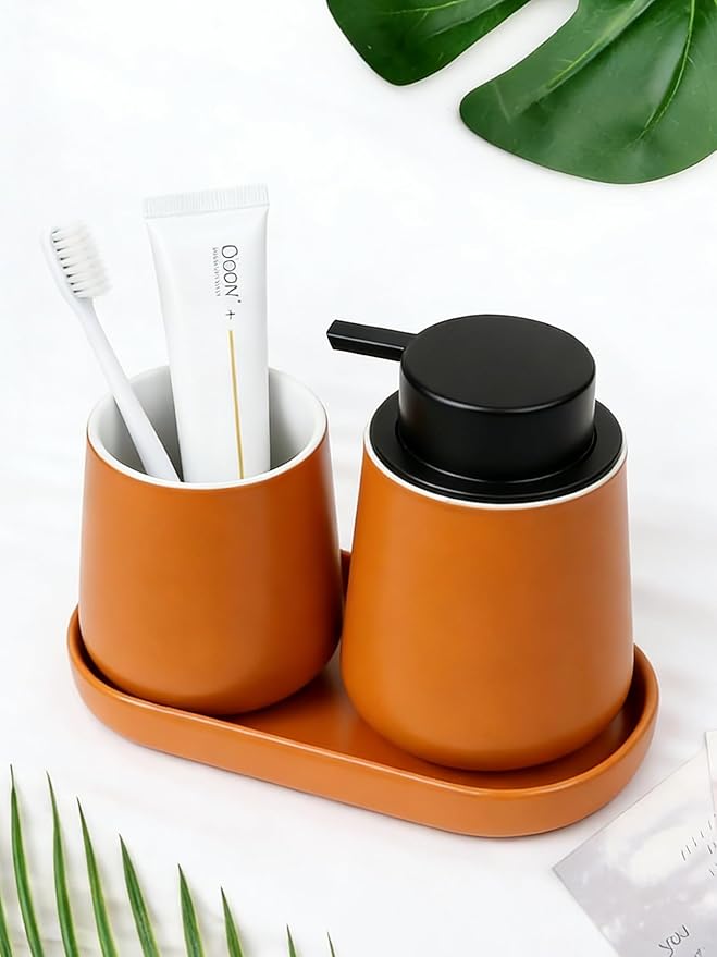 BosilunLife Bathroom Accessory Set - 3 pcs Ceramic Bathroom Soap Dispenser Set Farmhouse Bathroom Counter Decor Set Accessories, Soap Dispenser and Toothbrush Holder with Tray, Orange
