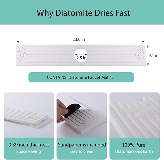 23.6 Inch White Diatomite Faucet Mat, Super Absorbent Stone Tray Fast-Drying Sink Mat, Quick Dry Kitchen Splash Guard for Kitchen Sink/Bathroom Counter