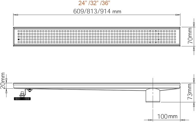 Neodrain 36-Inch Offset Side Outlet Linear Shower Drain with Quadrato Pattern Grate Cover, Brushed 304 Stainless Steel Rectangle Shower Floor Drain, with Leveling Foot, Hair Strainer Catcher