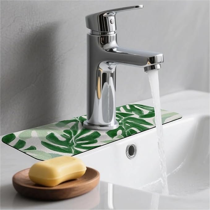 Kitchen Sink Splash Guard，Tortoise shell bamboo leaves Faucet Mat Sink Gadgets-Super Absorbent Fast Drying Mat Drip Catcher for Kitchen, Bathroom,Sink Mat, Dish Drying Mat, Bathroom(15" X 5.5" )