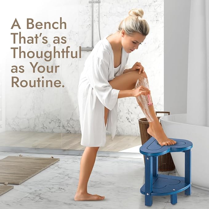 Corner Shower Stool for Inside Shower - Waterproof Corner Shower Bench, HDPE Plastic Bathroom Bench, Adjustable Height Corner Chair for Shaving Legs,Storage Shelf,Non-Slip Feet,Blue