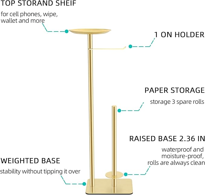Toilet Paper Holder Stand for Bathroom Floor Standing Toilet Roll Dispenser Storages 4 Reserve Rolls, with Top Storage Shelf for Cell Phones, Wipe, Wallet and More(Gold)