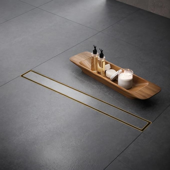 Linear Shower Floor Drain, Brushed Gold 54 Inch 304 Stainless Steel Bathroom Drains Kit, Rectangular Shower Trench Drain with Reversable Tile-in Pattern Drain Cover & Hair Catcher