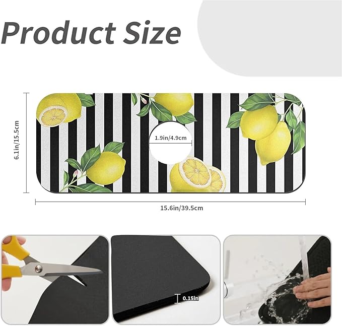 Kitchen Sink Splash Guard，Lemon-and stripes Faucet Mat Sink Gadgets-Super Absorbent Fast Drying Mat Drip Catcher for Kitchen, Bathroom,Sink Mat, Dish Drying Mat, Bathroom(15" X 5.5" )