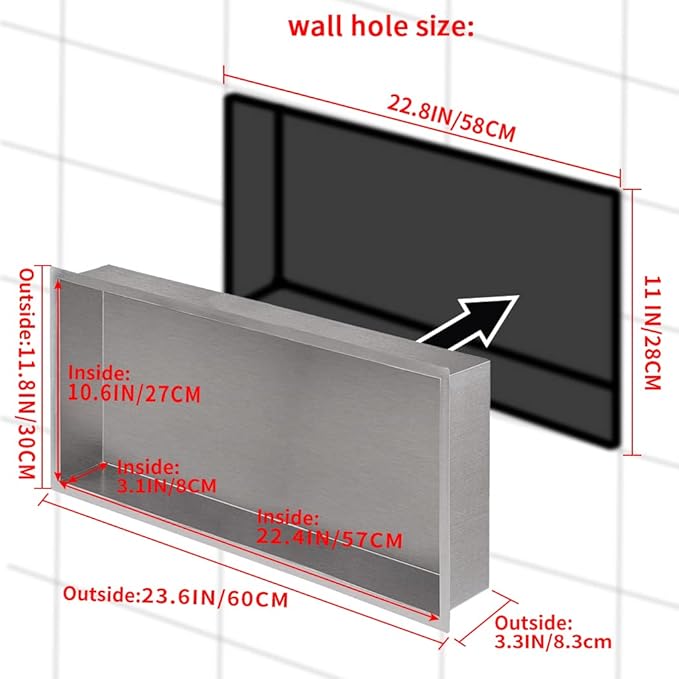 24"×12" Shower Niche Brushed Stainless Steel, Recessed Shower Caddy, Bathroom Shelf Insert Fits for 22.8"x11" Wall Hole Installation (Nickel)