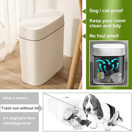 14 Litre Trash Can with Press Top Lid, 3.7 Gallons Plastic Garbage Bin, Slim Wastebasket for Bathroom, Kitchen, Toilet, Office, Room, Bedroom, White lid Without Brush