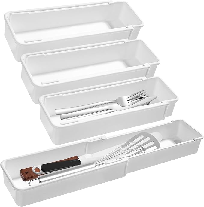 Drawer Organizers Set,Expandable Drawer Organizer Trays,Drawer Organizer Bins for Bedroom,Bathroom, Kitchen, Office (White,4pack)