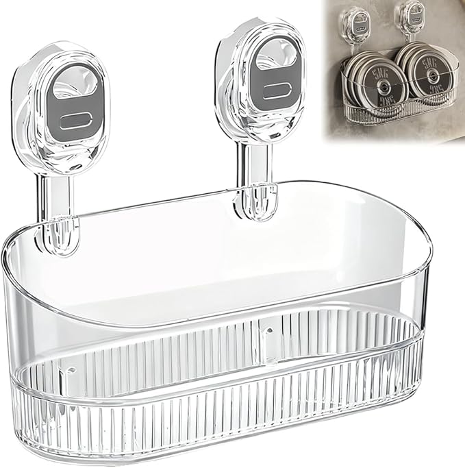 No Drill Bathroom Suction Storage Box, 2026 New Suction Cup Shelf, Multi Functional Wall-Mounted Organizer for Home Bathroom, Modern Transparent Storage Basket for Family (White)