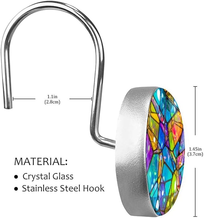 Shower Curtain Hooks,12 Pcs Irregular Color Pattern Rust Proof Glass Surface Stainless Steel Curtain Rings for Bathroom Bedroom Living Room Kitchen Home Shower Rods Decor