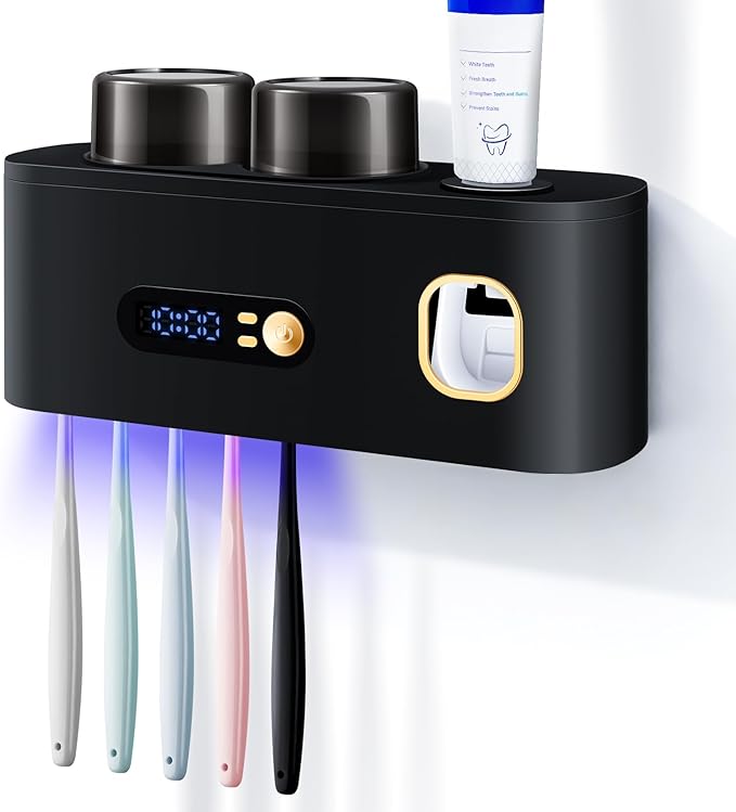 Toothbrush Holders Cleaner & Dryer for Bathroom,LXIANGN Smart Wall Mounted Toothbrush Holders with Countdown LED Screen,5 Toothbrush Slots,2 Cups and Toothpaste Dispenser (Black)