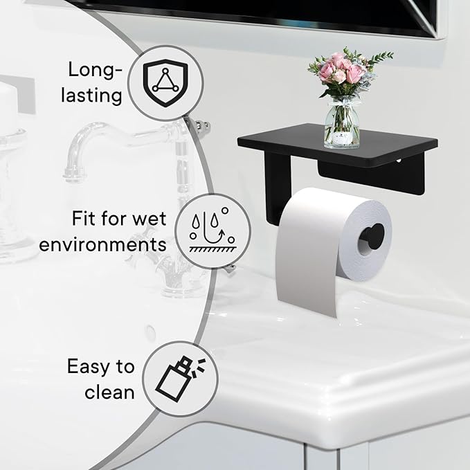Toilet Paper Holder with Marble Shelf for Bathroom Washroom,Wall Mounted Tissue Holder Suitable for Mega Roll (Small 6.7 * 4.3 in, Black)