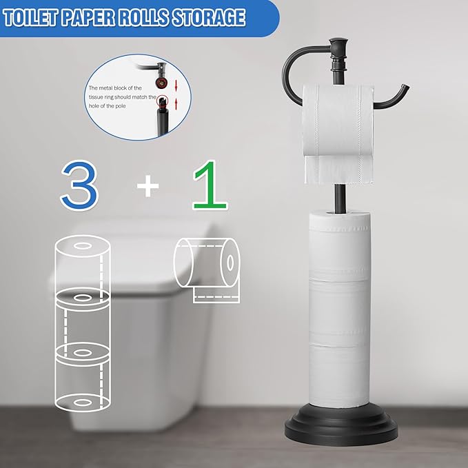 RUMOSE Toilet Paper Holder Stand for Floor,Matte Black Adjustable (12.4" to 22.8") Bathroom Toilet Tissue Holder, Free Standing Toilet Paper Roll Holder with Storage, Stainless Steel