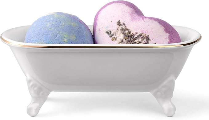 6.5" Ceramic Mini Decorative Clawfoot Bathtub Bar Soap Dish, Kitchen Sponge Holder and Shower Tray for Bathroom, 1 Pack (White Gold Rim)
