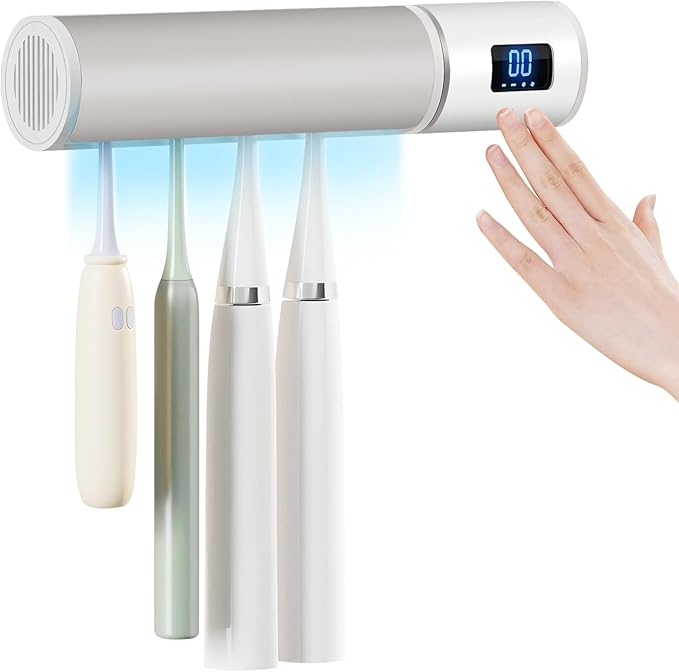 Wall Mounted Toothbrush Holder, Electric Tooth Brush Holders Single Person Cleaner for Bathroom, with Auto Inductive Open/Close Cover, Clean, Dry for Home, Travel (4 Slots)