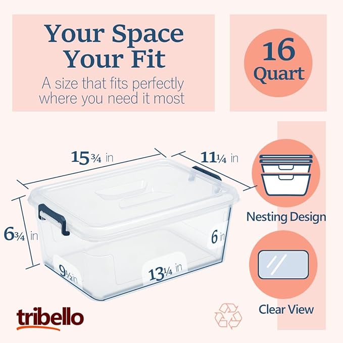 Tribello Clear Storage Bins with Lids, Stackable Plastic Storage Containers for Home Organization – Totes for Closet and Underbed Storage, 16 Quarts