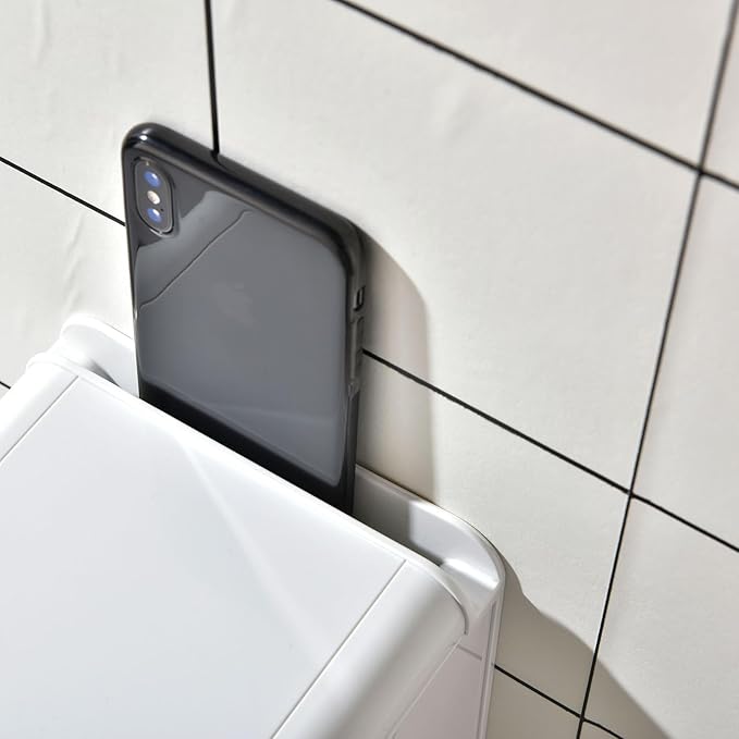 simpletome Toilet Paper Holder Wall Mount with Shelf Waterproof Adhesive or Drilling Install (White, ABS Plastic)