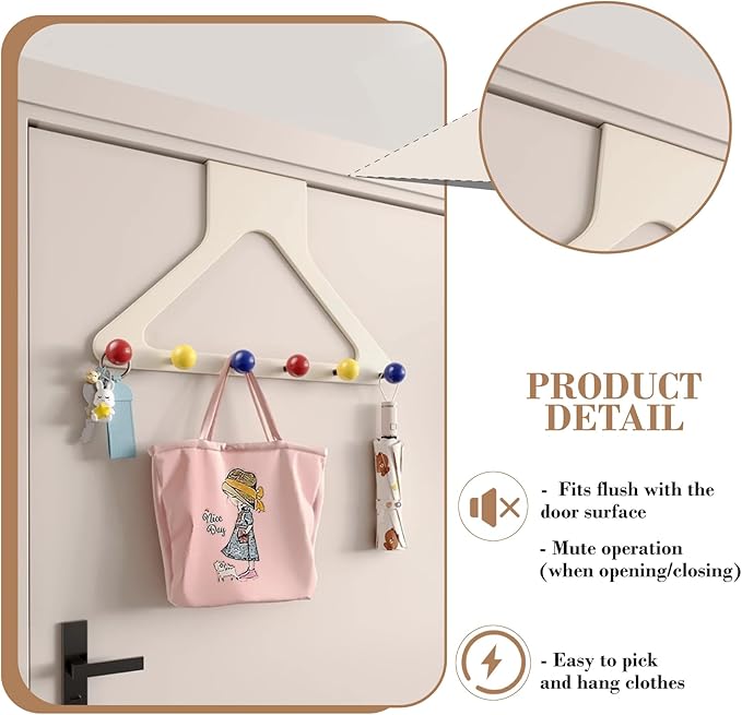 HGZBS Pastel Over Door Hooks with Damage-Free Adhesive Mount, 6 Heavy Duty Hooks 8.7 Inch Height No Drill for Coats & Robes (Macaron, Regular)