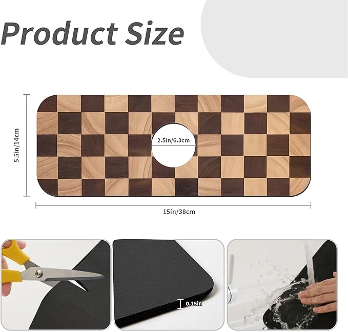 Kitchen Sink Splash Guard，Wooden checkerboard Faucet Mat Sink Gadgets-Super Absorbent Fast Drying Mat Drip Catcher for Kitchen, Bathroom,Sink Mat, Dish Drying Mat, Bathroom(15" X 5.5" )