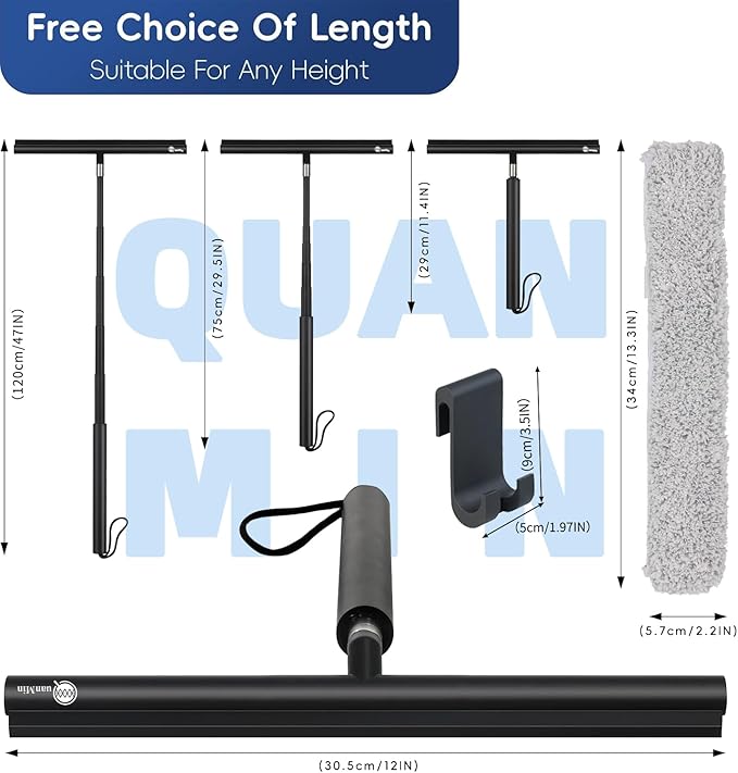 12 Inch Squeegee Shower Doors,Shower Squeegee with Long Handle,Extension Pole Squeegee, Bathroom Squiggy for Shower Glass,Car,Windshield, Doors,Up to 47 Inch,Black
