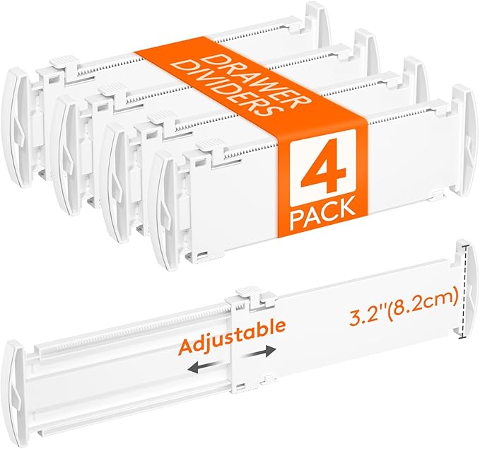 Lifewit 3.2" High 4 Pack Drawer Dividers, 10.2-16.5" Adjustable Dresser Drawer Divider, Expandable Drawer Organizers for Clothes, White Drawers Separators for Kitchen, Dresser, Bedroom, Bathroom