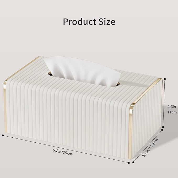 Tissue Box Cover,White Rectangle Leather Tissue Box Holder with Gold-Tone Edging Decoration,Decorative Tissue Cover for Bathroom Toilet Bedroom Living Room Table Desk Office (White, Rectangle)