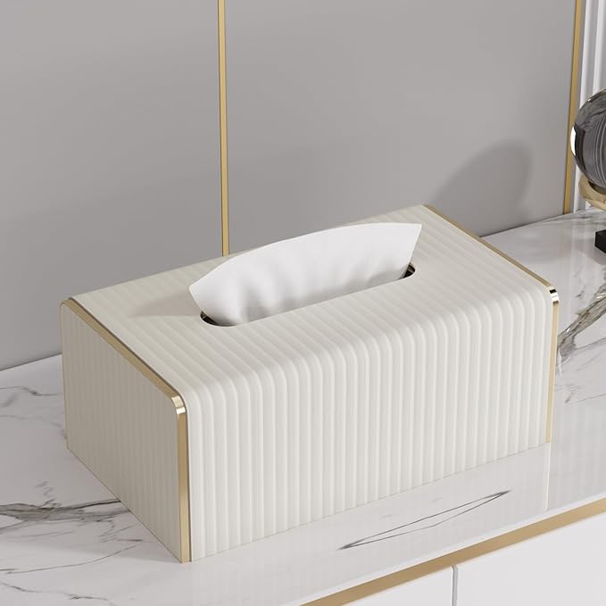 Tissue Box Cover,White Rectangle Leather Tissue Box Holder with Gold-Tone Edging Decoration,Decorative Tissue Cover for Bathroom Toilet Bedroom Living Room Table Desk Office (White, Rectangle)